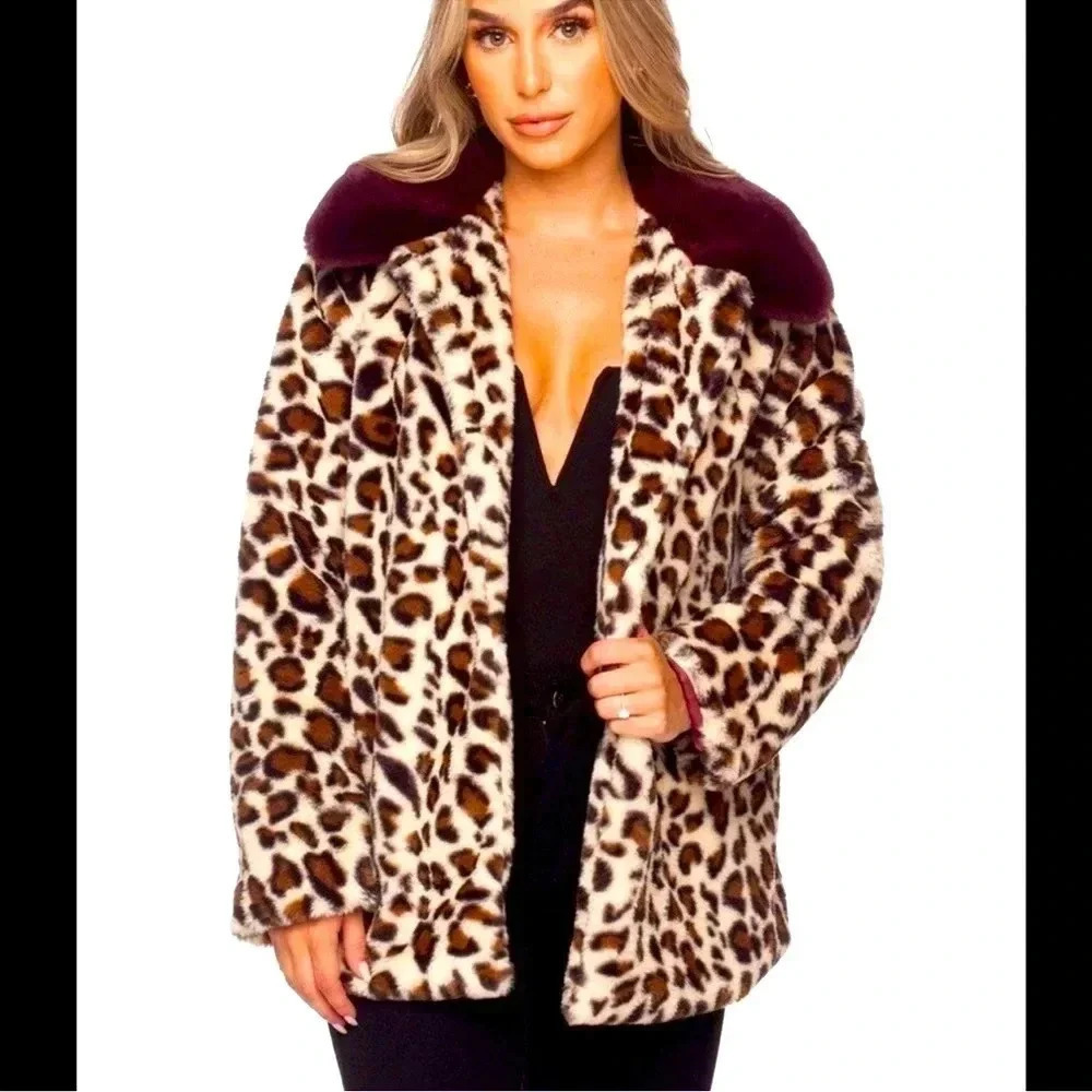 -Buddy Love Coat  Mariah Cheetah print  faux fur  burgundy red tan size small